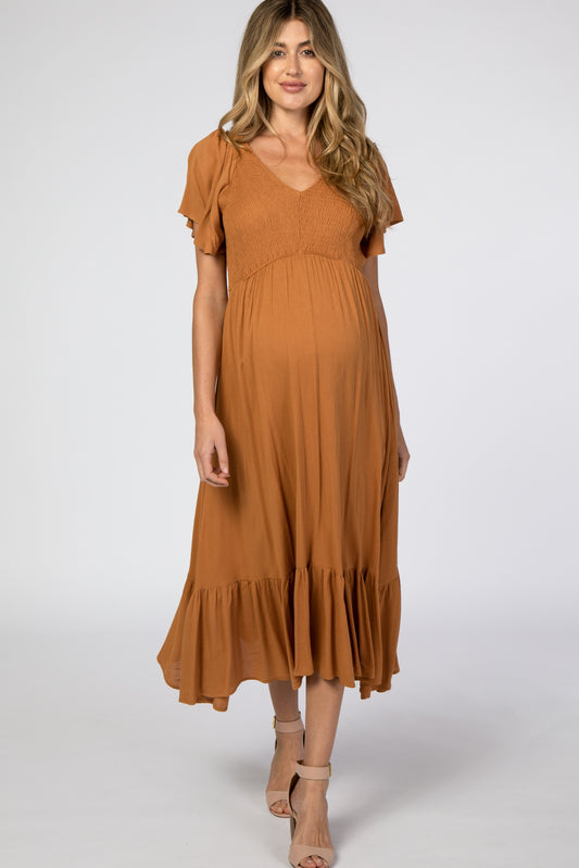 Camel Smocked V-Neck Maternity Midi Dress PinkBlush