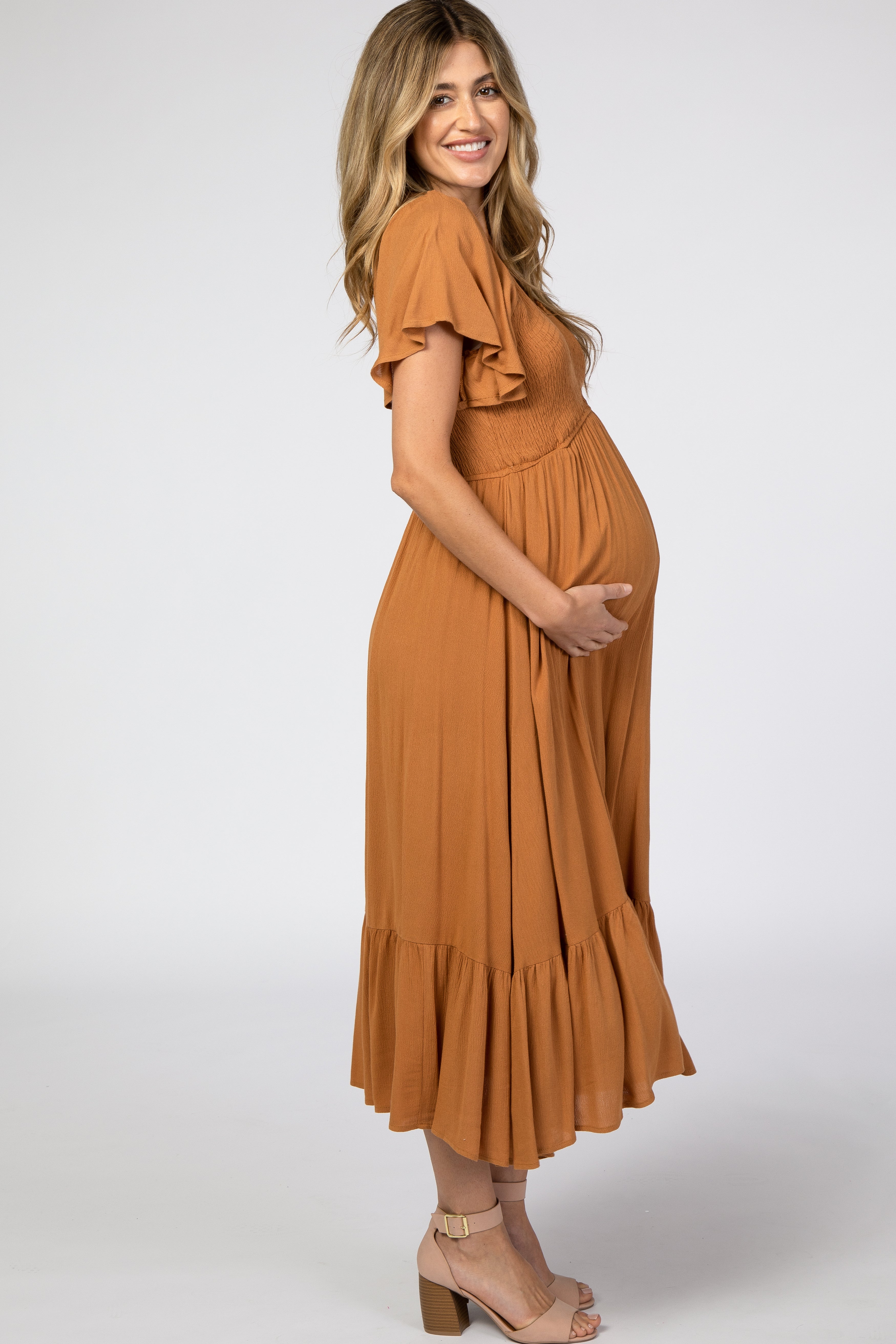 Camel Smocked V-Neck Maternity Midi Dress PinkBlush