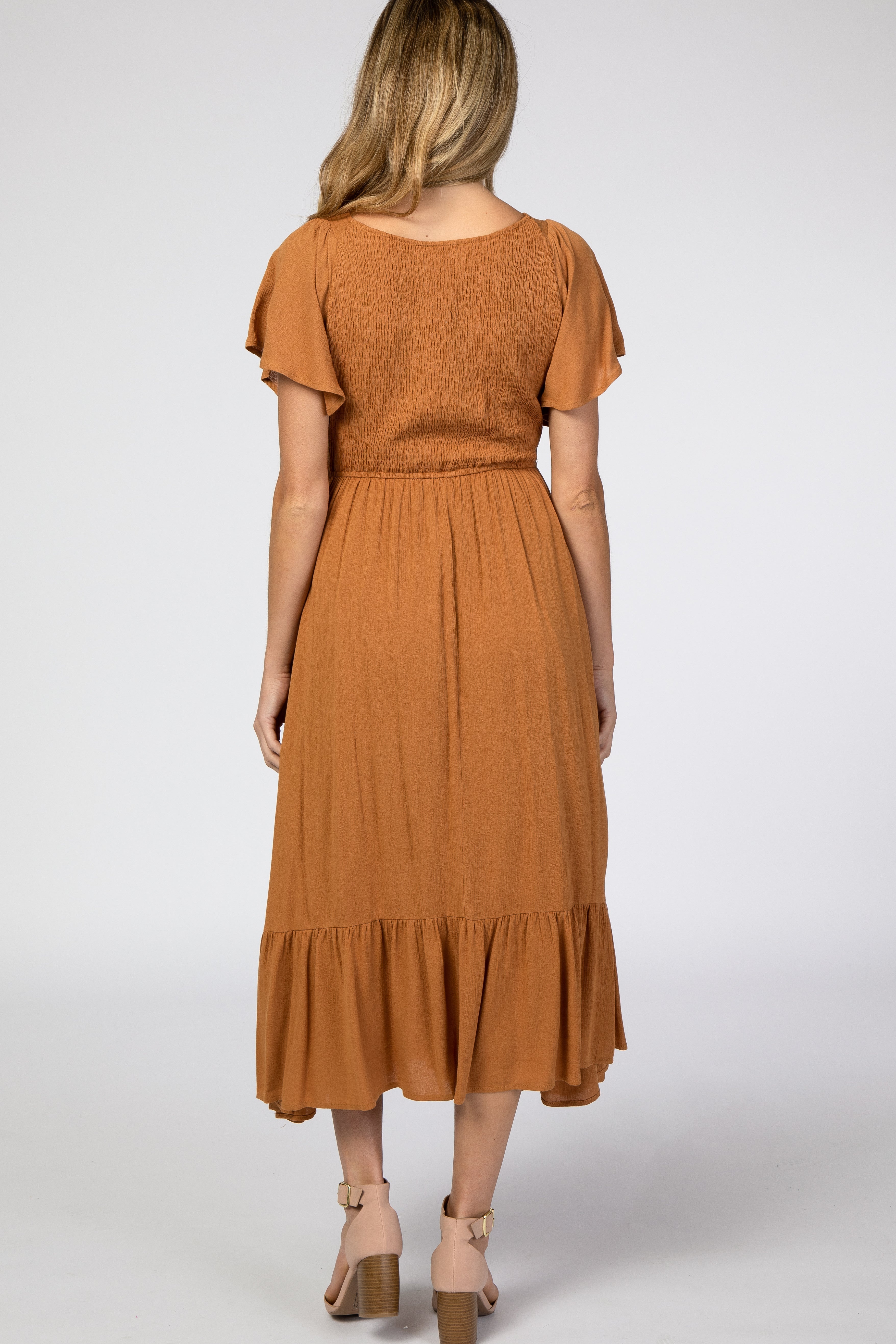 Camel Smocked V-Neck Maternity Midi Dress PinkBlush