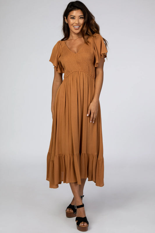 Camel Smocked V Neck Midi Dress With Bell Sleeves And Ruffle Hem PinkBlush