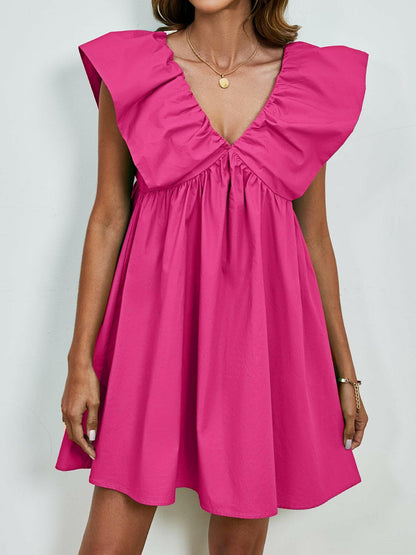 V-Neck Cap Sleeve Mini DressUpgrade Your Style with Our V-Neck Cap Sleeve Mini Dress
 Step out in confidence and elegance with our V-Neck Cap Sleeve Mini Dress, a versatile piece that effortlesLove Salve -Neck Cap Sleeve Mini Dress