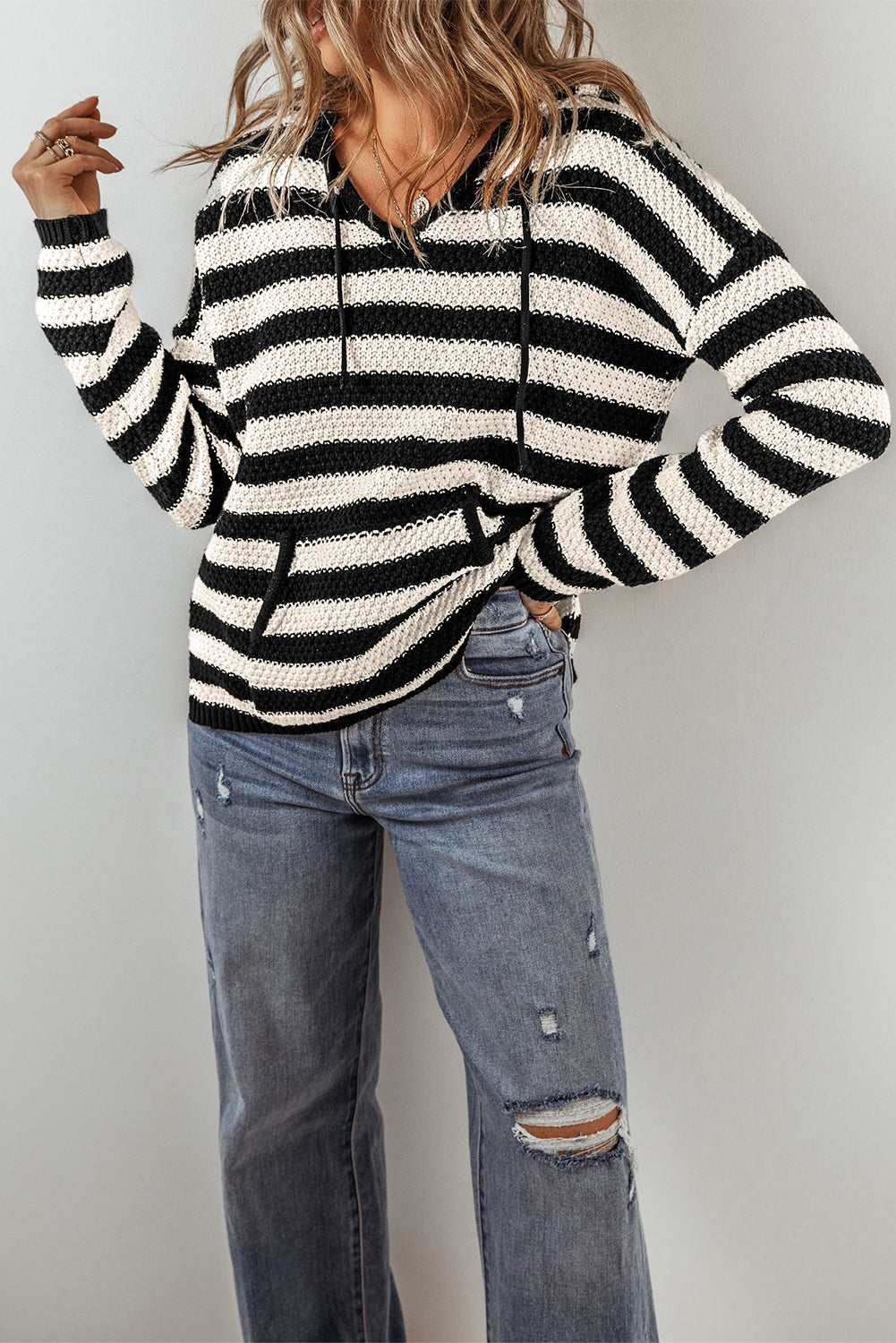 Striped Hooded V-Neck Sweater with Pocket Detail