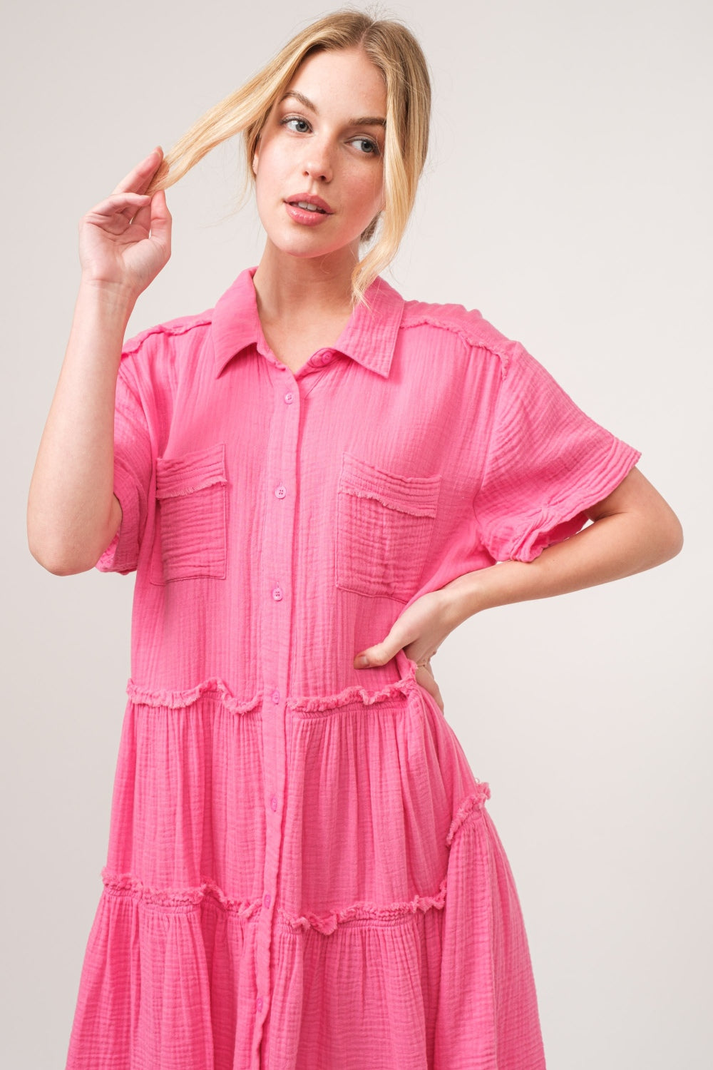 The chic raw edge washed tiered shirt dress