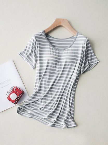 Striped Round Neck Short Sleeve T-Shirt with Bra.