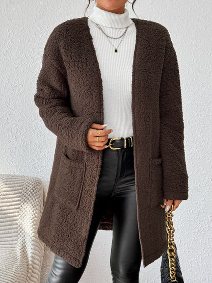 Chic open front long sleeve winter coat with pockets