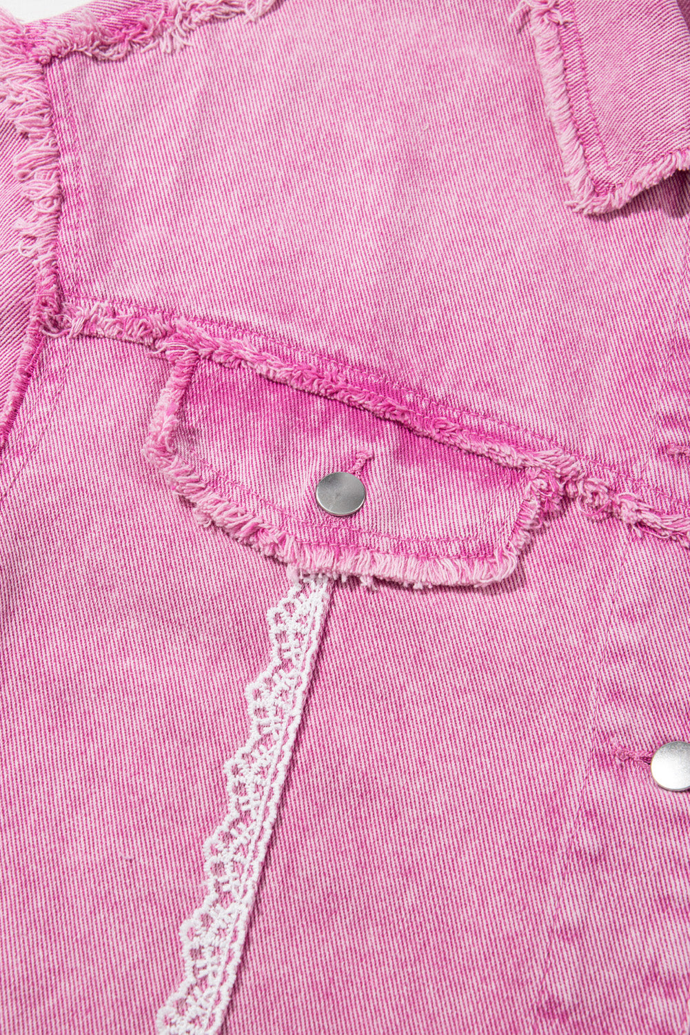 Chic pink lace and distressed denim jacket with button closure