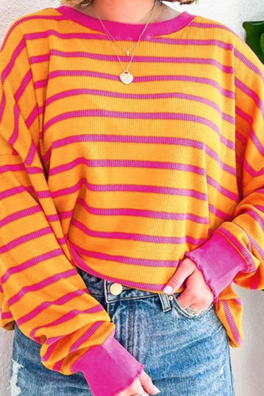 Striped Round Neck Long Sleeve Sweater.