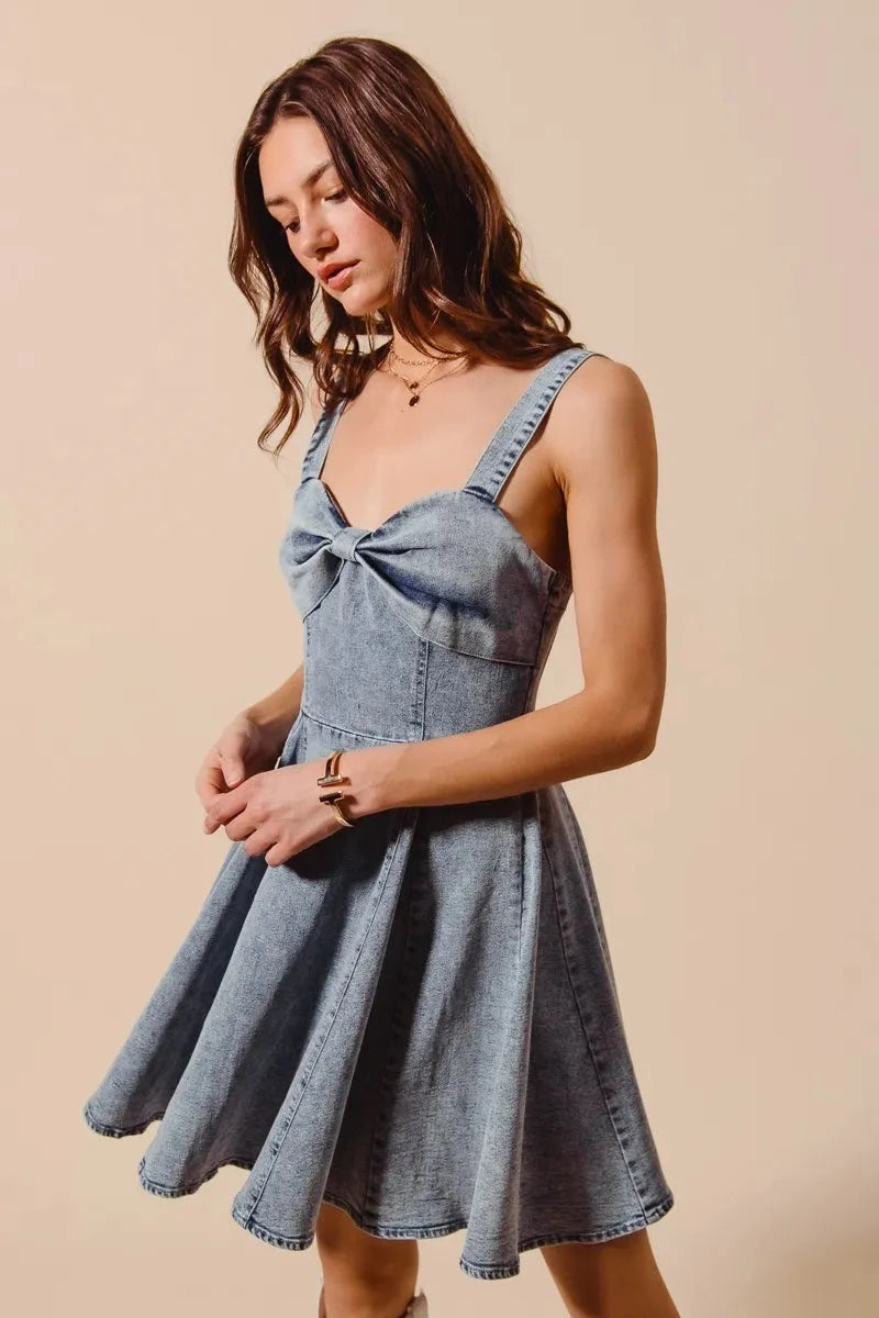 SO ME Mineral Washed Bow Ribbon Denim Flare Dress Coco’s Tee Boutique