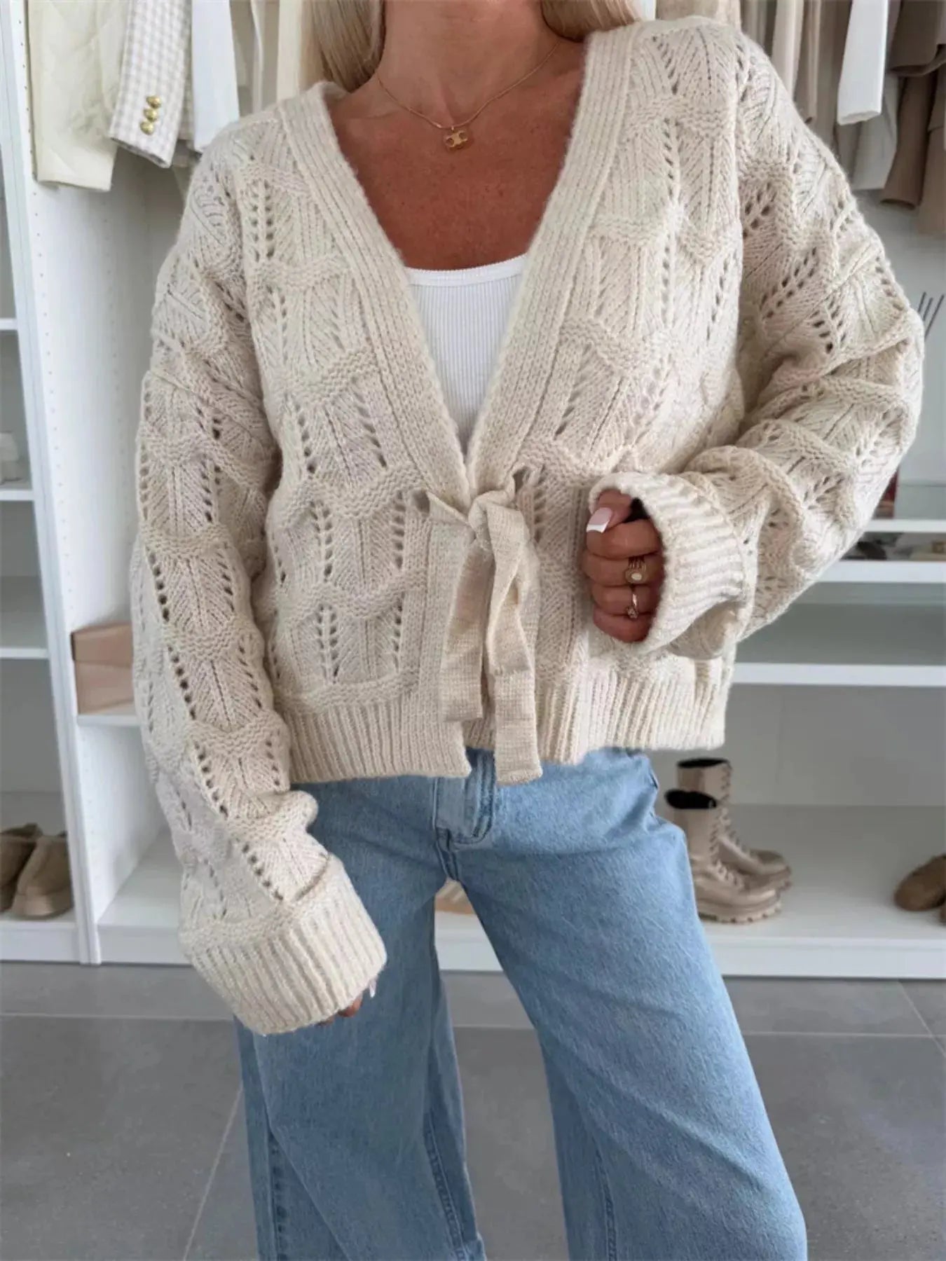 Tie-Front Openwork Cardigan Simply Love