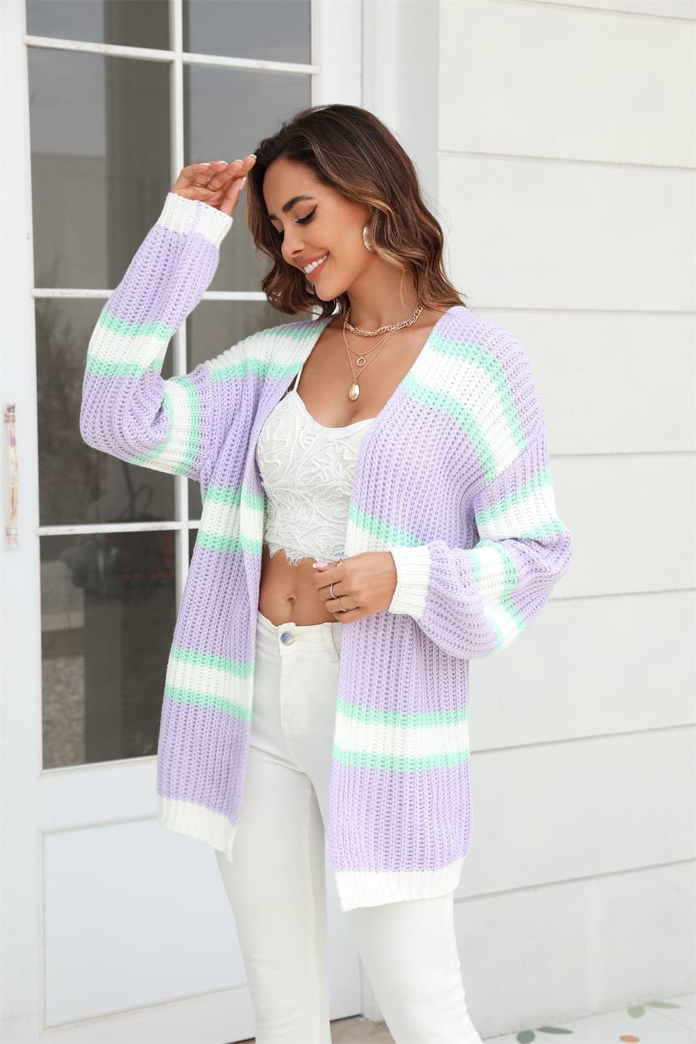 Color Block Ribbed Dropped Shoulder Open Front Cardigan.