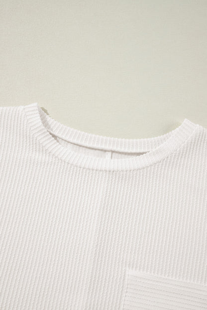 Chic white ribbed long sleeve plus size t-shirt with pocket detail