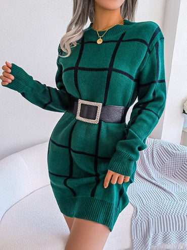 Plaid Round Neck Dropped Shoulder Sweater Dress.