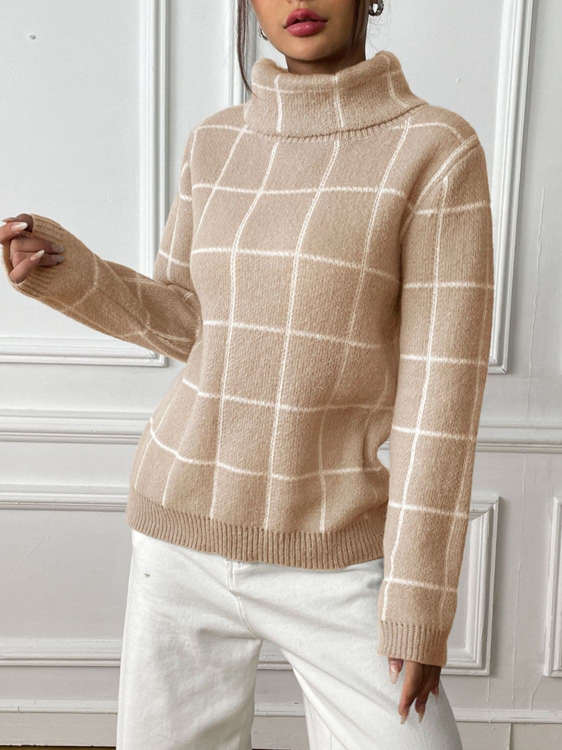 Cozy plaid turtleneck sweater with long sleeves