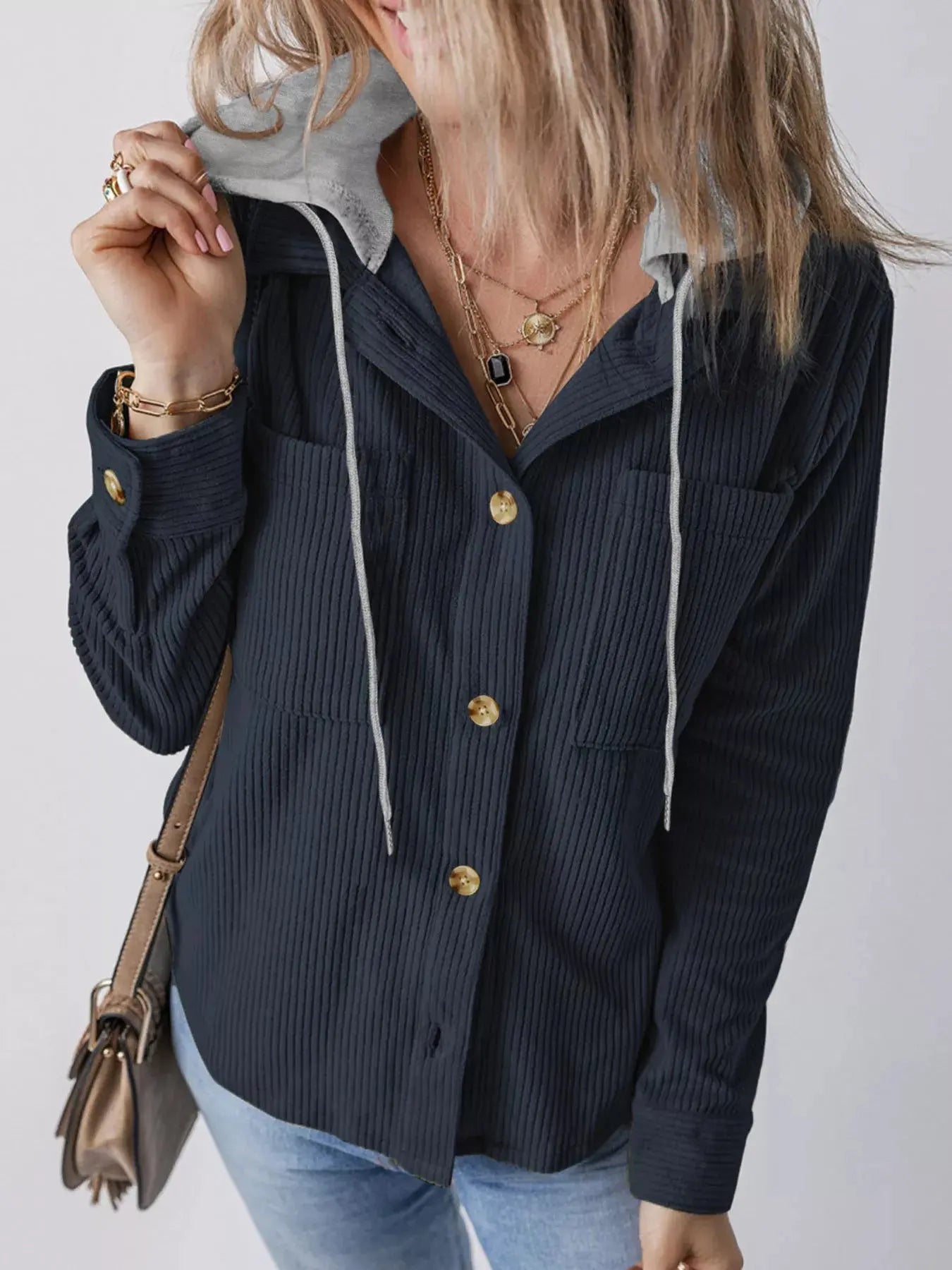 Hooded Corduroy Button-Down Jacket Simply Love