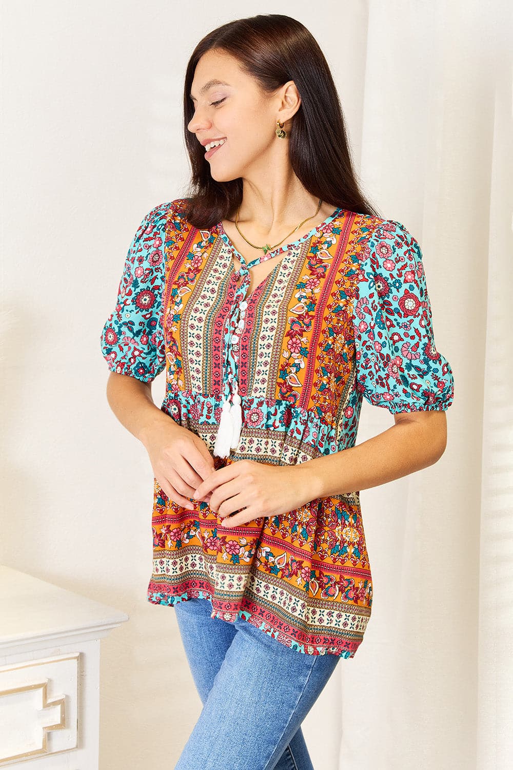 Bohemian Tassel Tie Puff Sleeve Babydoll Blouse.