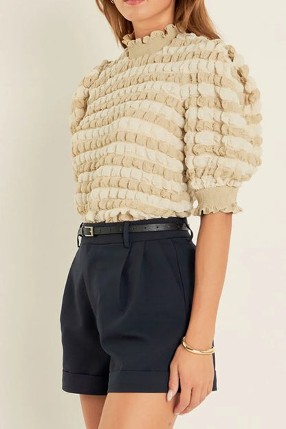 Textured Mock Neck Short Sleeve Blouse