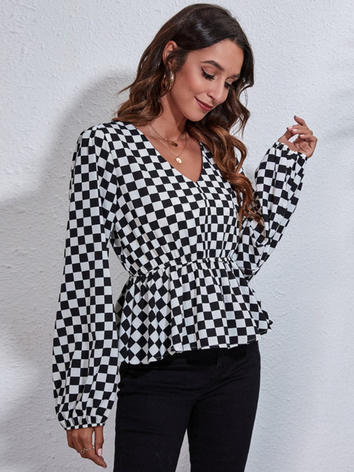 Ruched Printed V-Neck Long Sleeve Blouse.