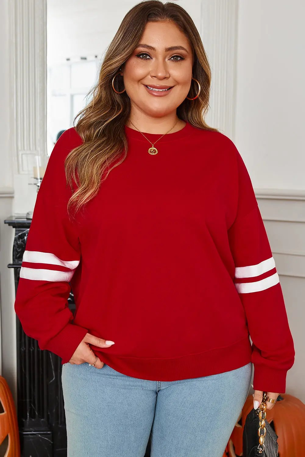 Fiery Red Varsity Striped Detail Crew Neck Plus Sweatshirt Dear-Lover Dropshipping