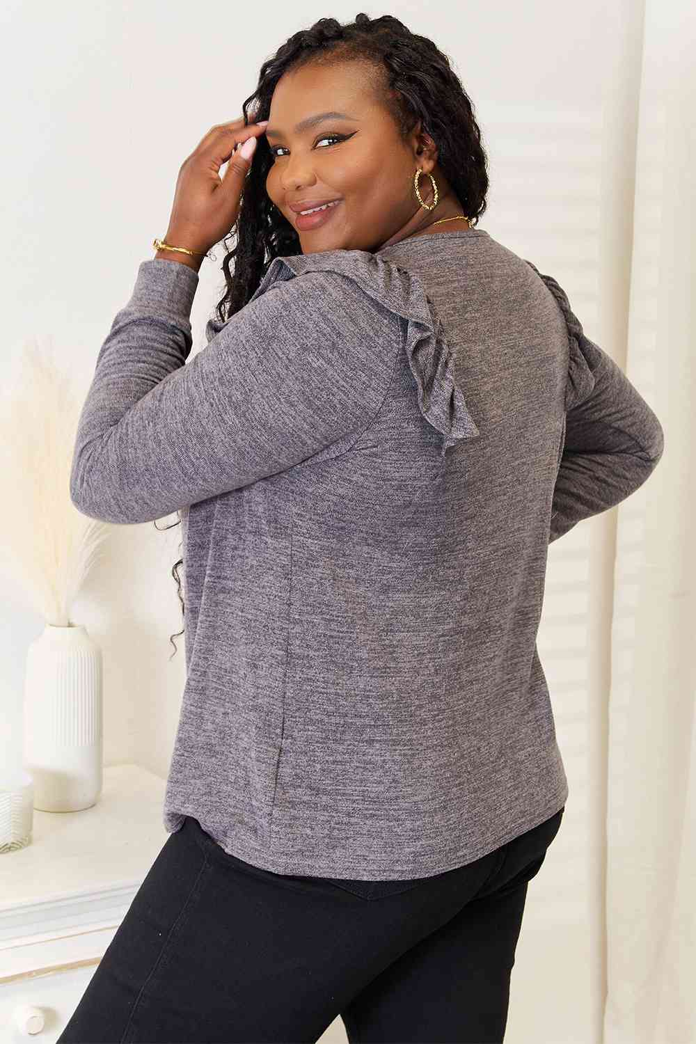 Double Take Square Neck Ruffle Shoulder Long Sleeve T-Shirt - Love Salve