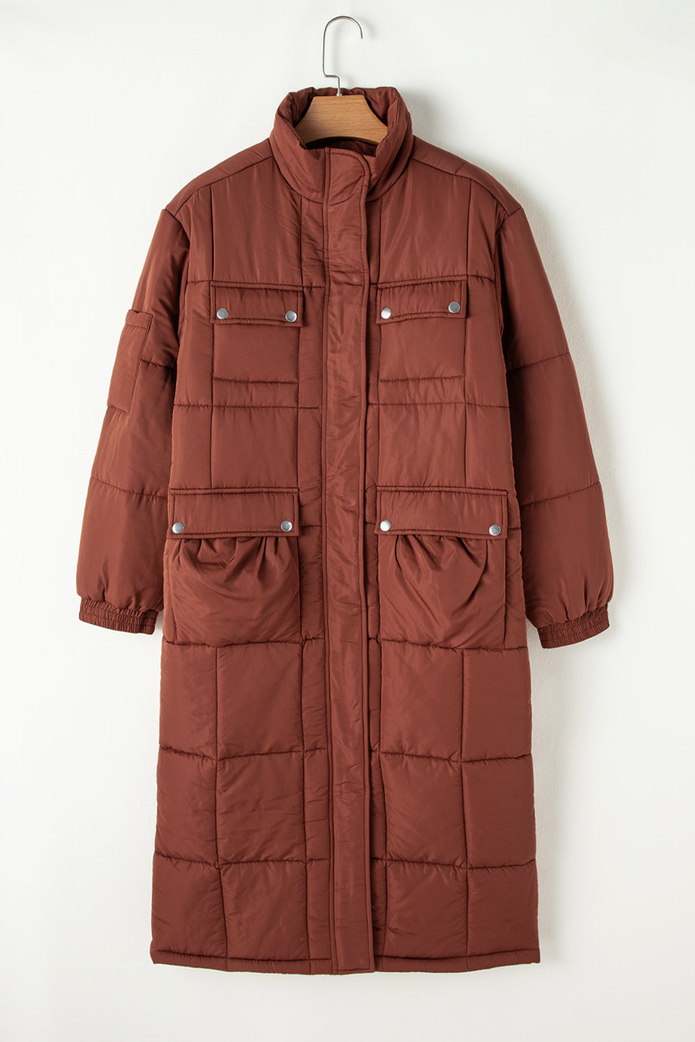 Cozy coffee quilted puffer coat with stand neck and zip closure