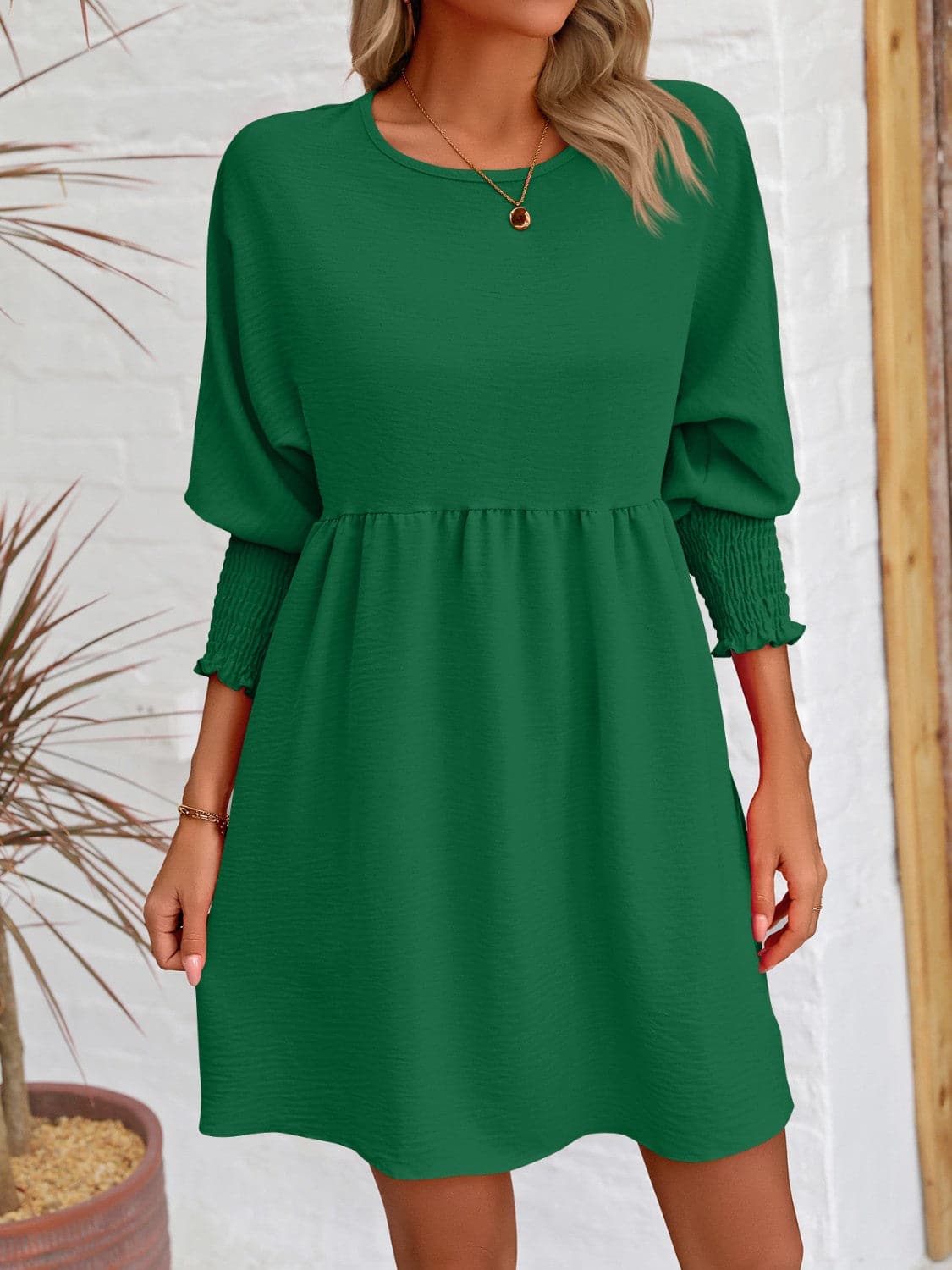 Round Neck Lantern Sleeve Mini DressFeatures: Basic style
Sheer: Opaque
Stretch: Slightly stretchy
Body: Not lined
Material composition: 100% polyester
Care instructions: Machine wash cold. Tumble dry Love Salve Round Neck Lantern Sleeve Mini Dress