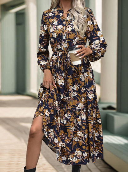 Chic Perfee notched long sleeve midi dress with printed design