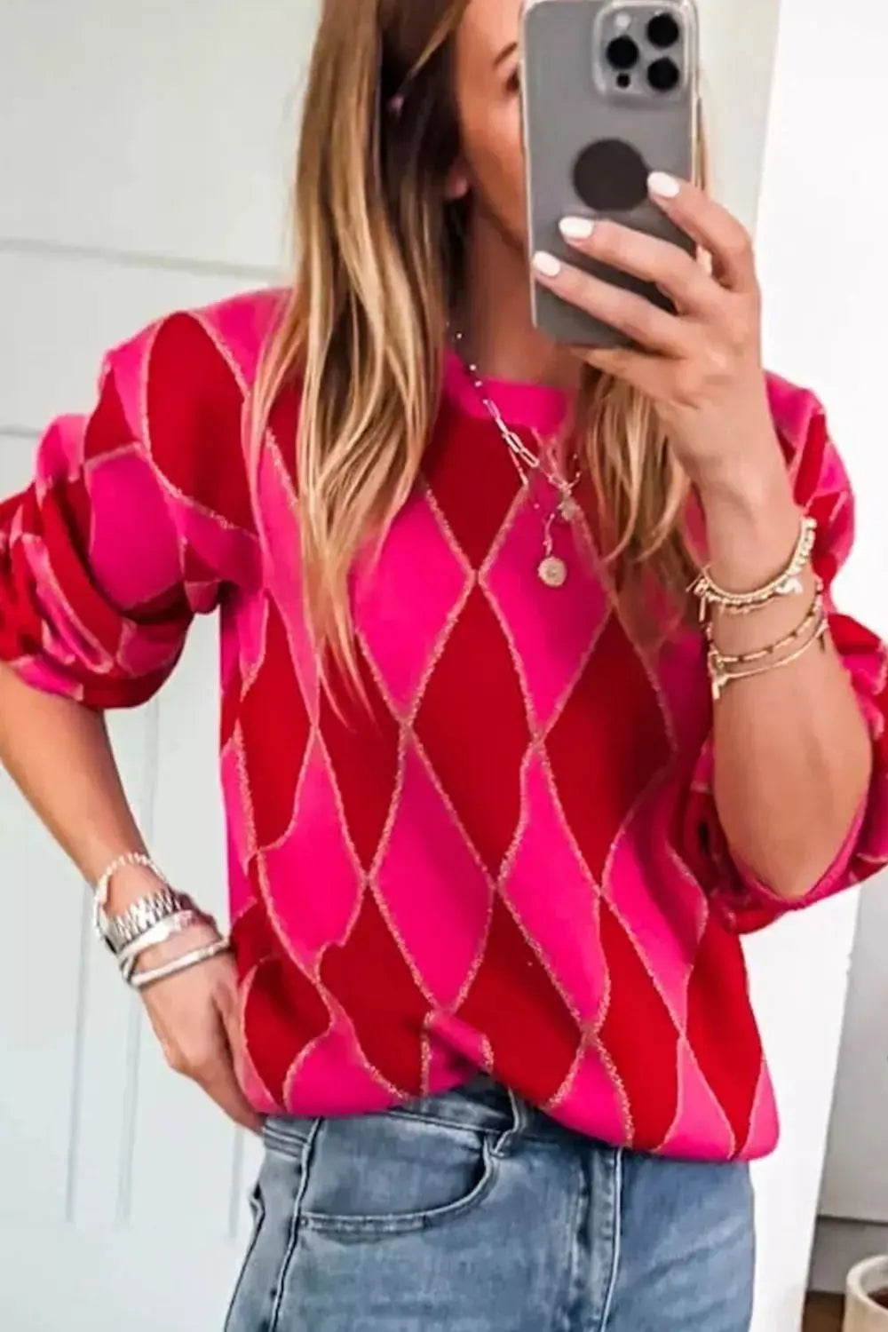 Argyle Pattern Long Sleeve Sweater Simply Love
