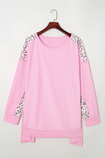 Chic pink leopard fusion plus size sweatshirt with exposed seams