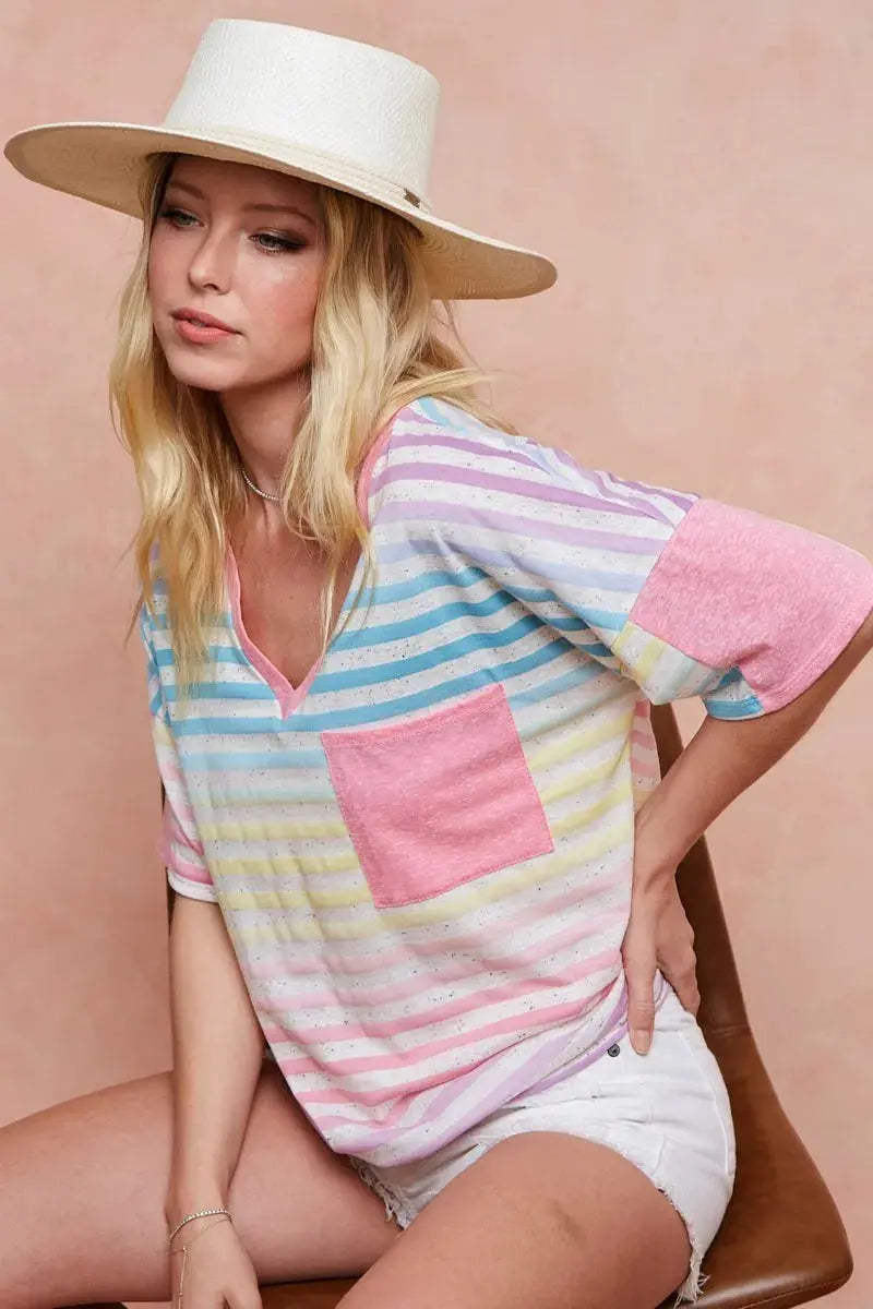 BiBi Rainbow Stripe Printed Triblend Knit Top - Love Salve 