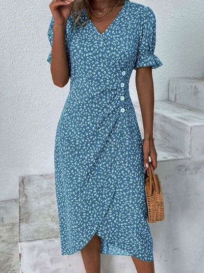 Full Size Printed Surplice Flounce Sleeve Midi Dress.