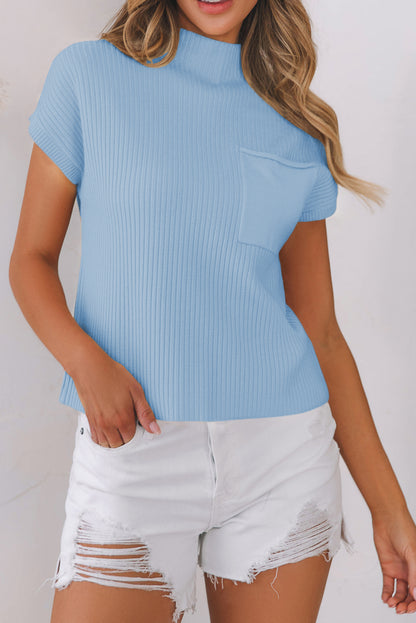 Beau Blue Ribbed Knit Short Sleeve Sweater with Pocket