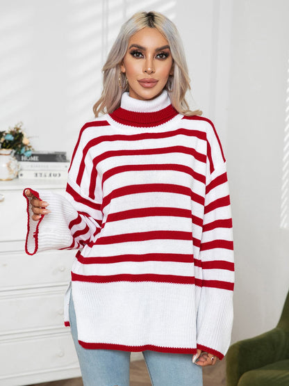 Striped Slit Turtleneck Drop Shoulder Sweater.