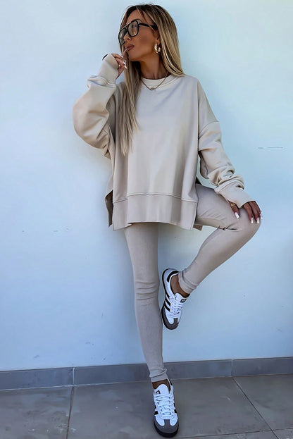 Premium Jet Stream Oversize Slit Sweatshirt Ribbed Leggings 2pc Set