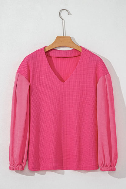 Waffle-Knit V-Neck Long Sleeve Blouse