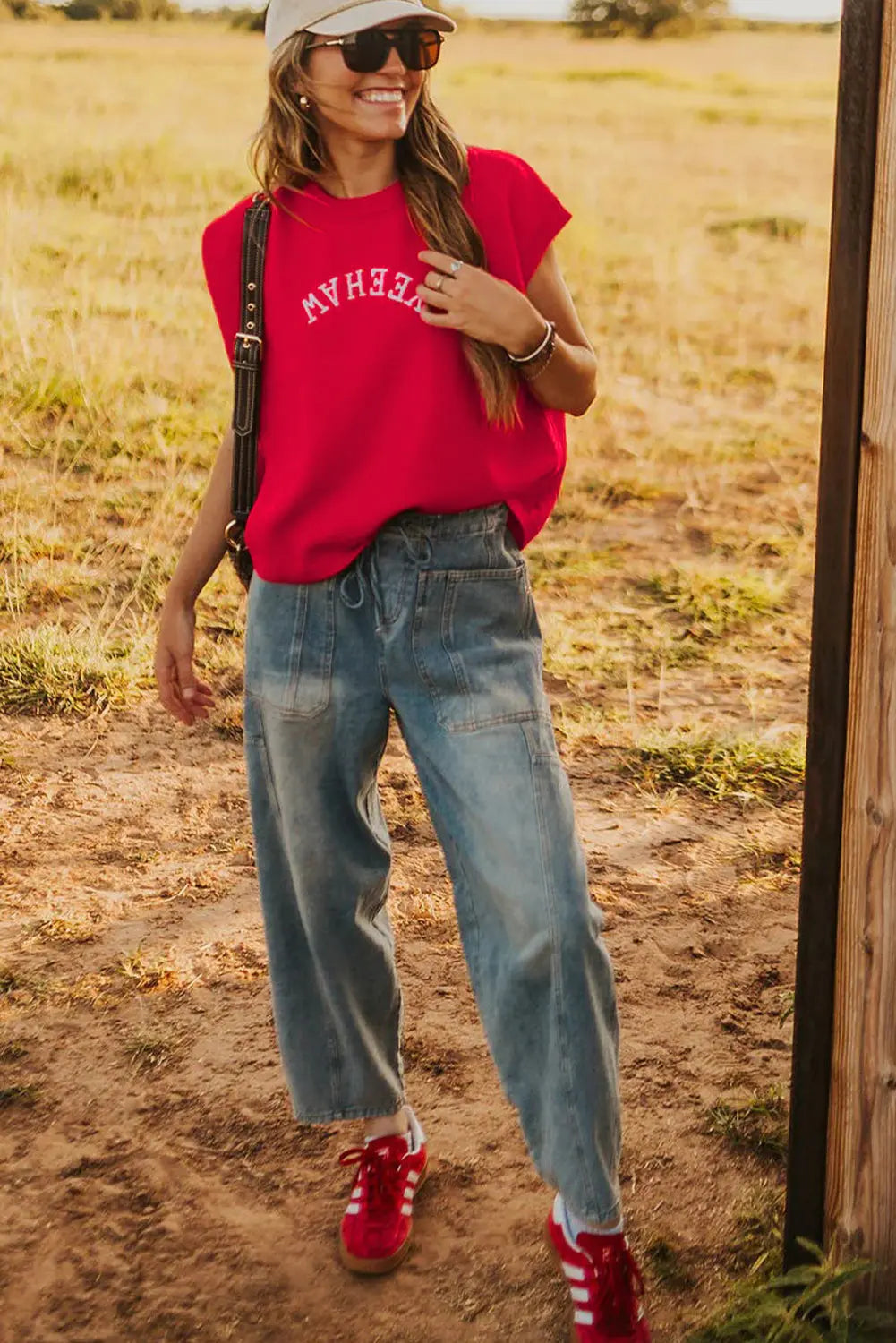 Fiery Red Embroidered Yeehaw Letter Loose Short Sleeve Sweater Dear-Lover Dropshipping