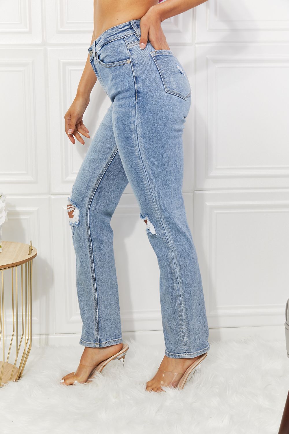 Kancan High Rise Distressed Slim Straight Jeans Coco’s Tee Boutique