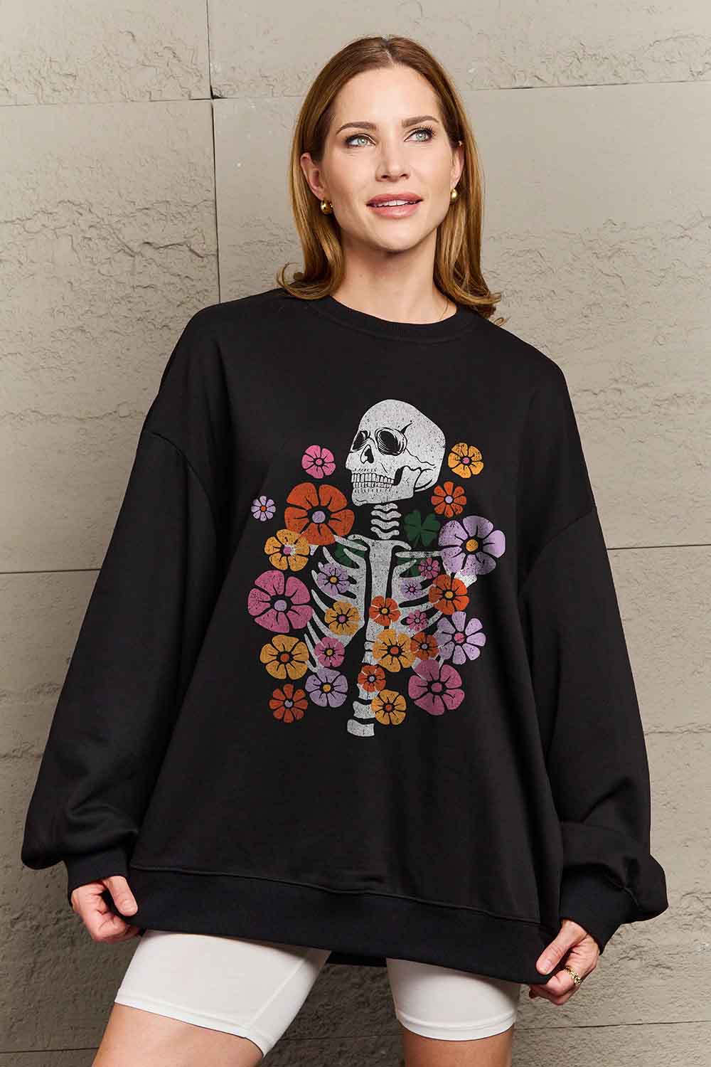 Floral skeleton graphic sweatshirt by Simply Love