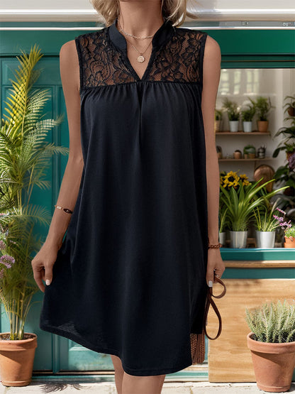 Lace Detail Notched Sleeveless Mini Dress.