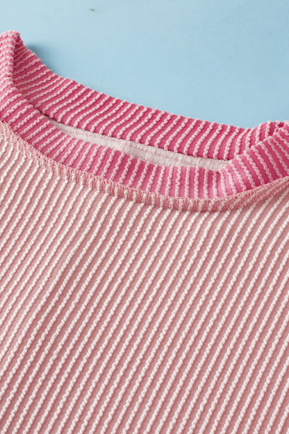 Light pink textured round neck t-shirt with stylish contrast trim