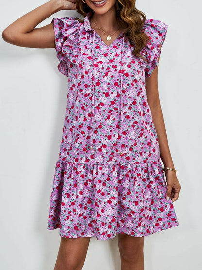 Tied Floral Cap Sleeve Mini Dress.