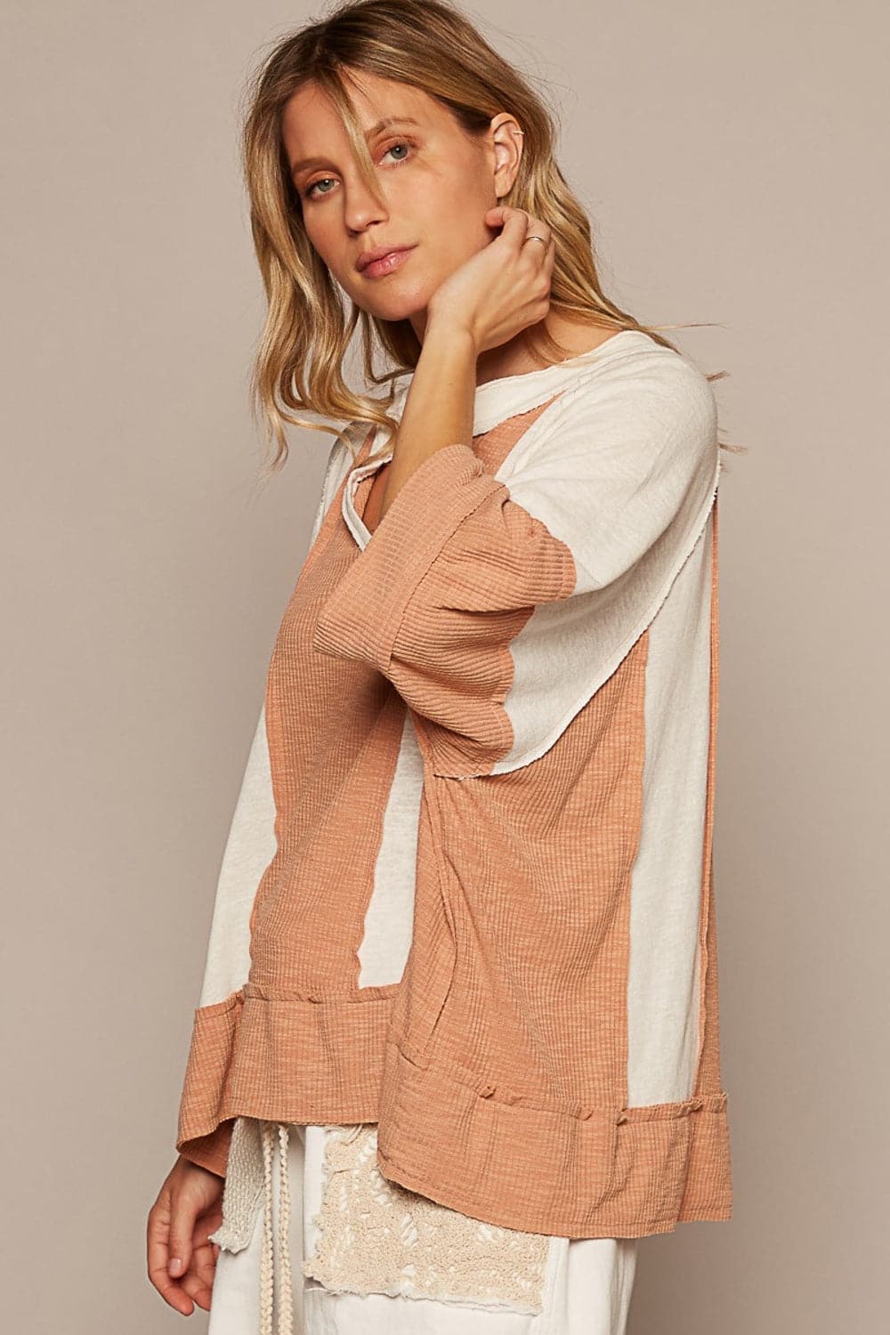 POL Notched Frayed Edge Contrast Top.