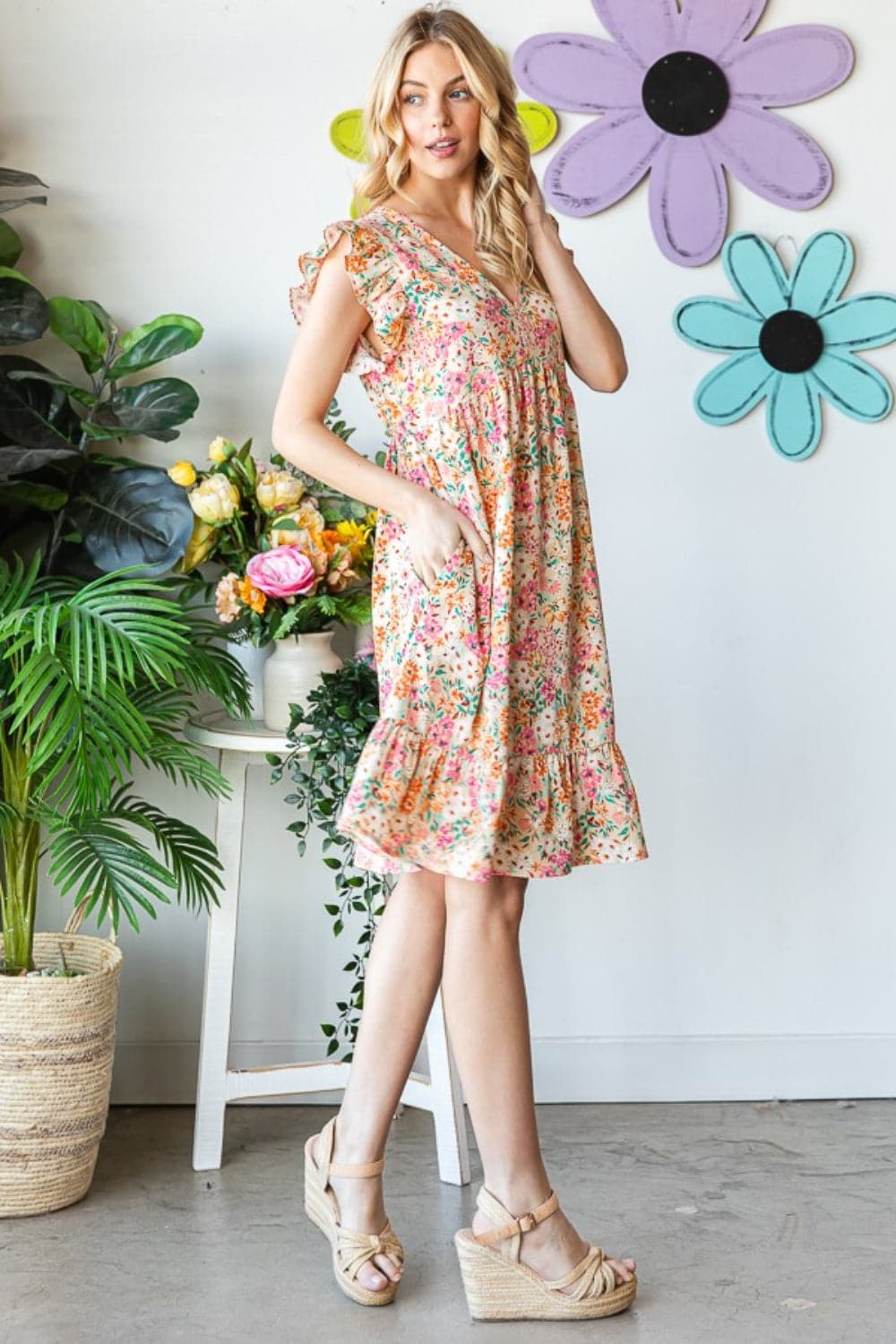 Heimish Full Size Floral Ruffled V-Neck Dress.