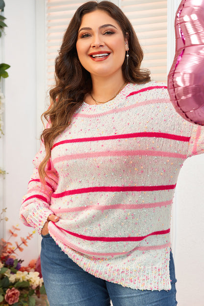 Chic pink stripe plus size drop shoulder sweater with side split