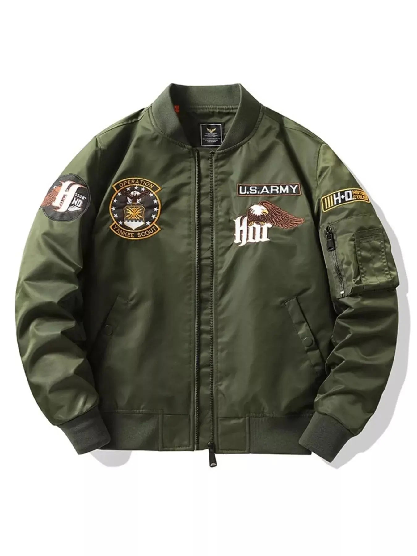 Men's Military Patch Embroidered Bomber Jacket Nylon Zip Up Simply Love
