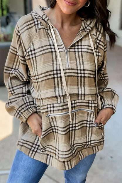 Plaid half zip hoodie with pockets in beige, adjustable drawstring, casual style.