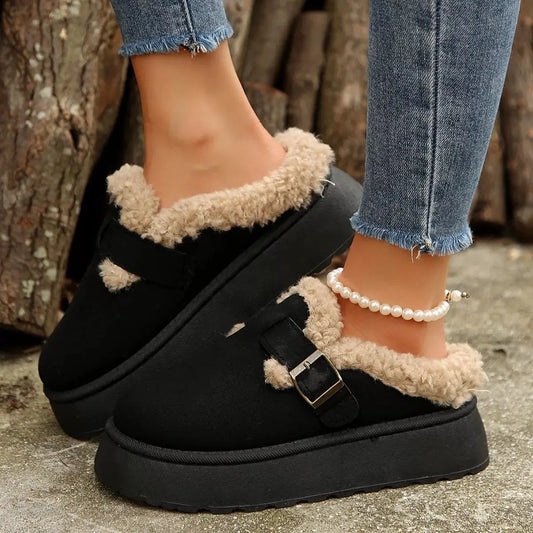 Fuzzy Trim Buckle Platform Slippers Simply Love