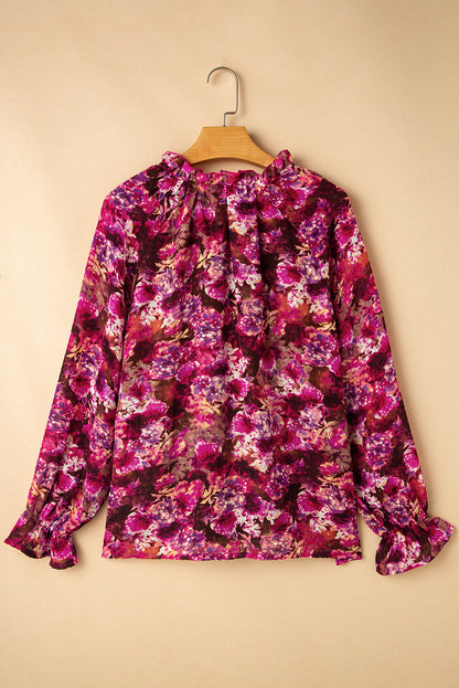 Chic rose red floral ruffled blouse with drawstring detail