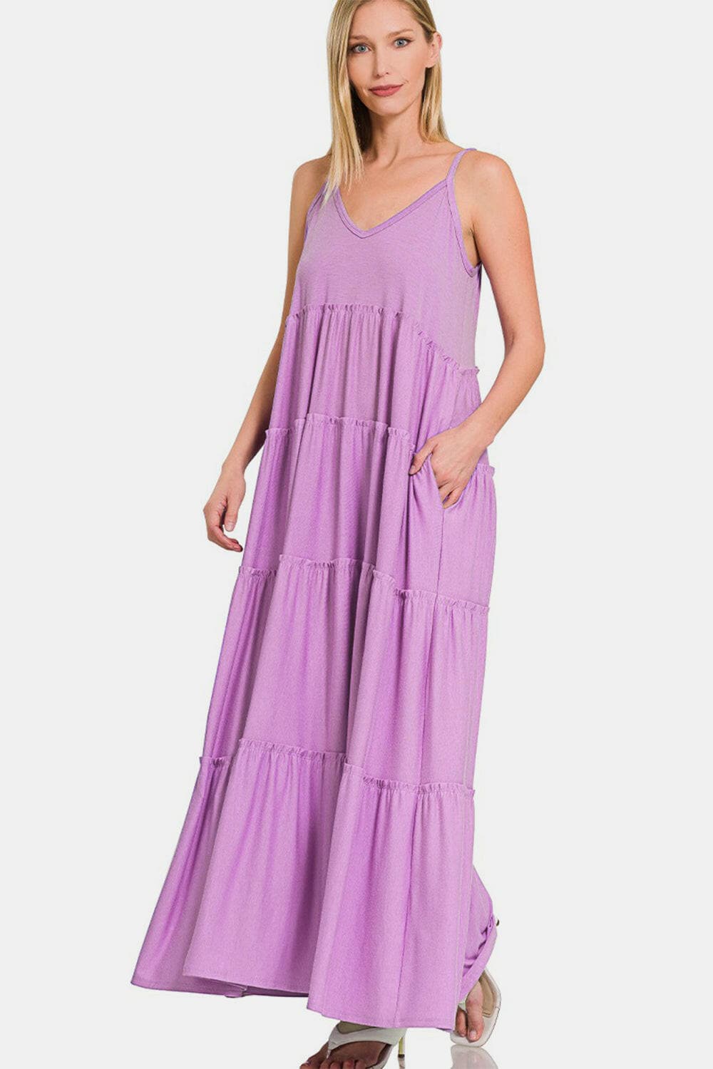 Zenana Frill Tiered V-Neck Maxi Cami DressZenana Frill Tiered V-Neck Maxi Cami Dress
 Embrace elegance and sophistication with the Zenana Frill Tiered V-Neck Maxi Cami Dress. This stunning dress is designed Love Salve -Neck Maxi Cami Dressusa