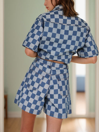 Checkered Button Up Half Sleeve Top and Shorts Set.