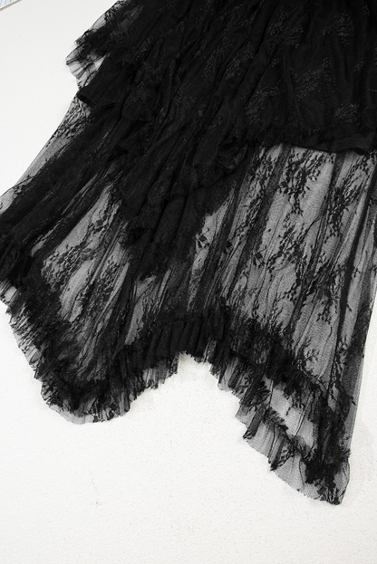 Black Lace Cascading Tiered High Waist Maxi Skirt Women